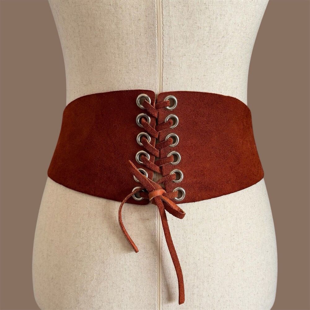 Vtg Garay Suede Belt Corset M Wide Cinch Tied Lace Up Ren Faire Boho Statement
